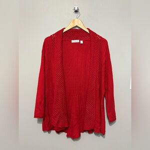 KIM ROGERS Red Open-Front Sweater Cut-Out Design Asymmetrical Hem EUC!